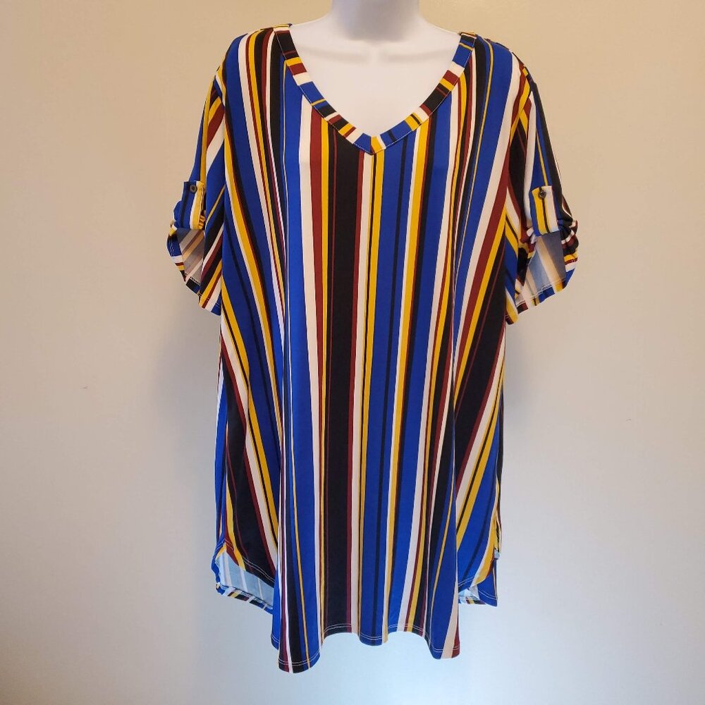 Ups & Downs Bold Multi-Color Striped Short Sleeve V-Neck Tunic Top - 3X